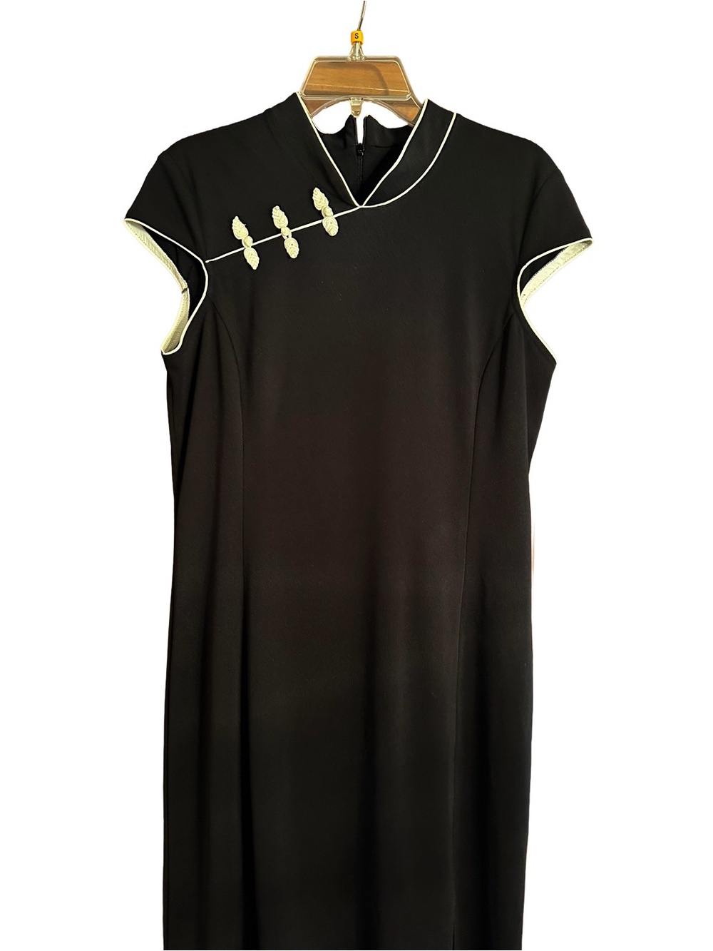 Frank Lyman Black White Piping Mandarin Frog Closure Slit Sheath Dress Sz 14
